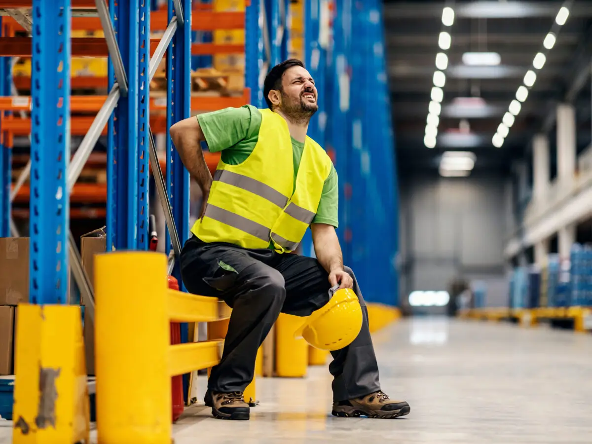 A storage worker in pain having back pain and massage the painful place.
