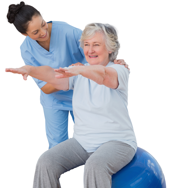PT Clinician working with an older woman sitting on an exercise ball