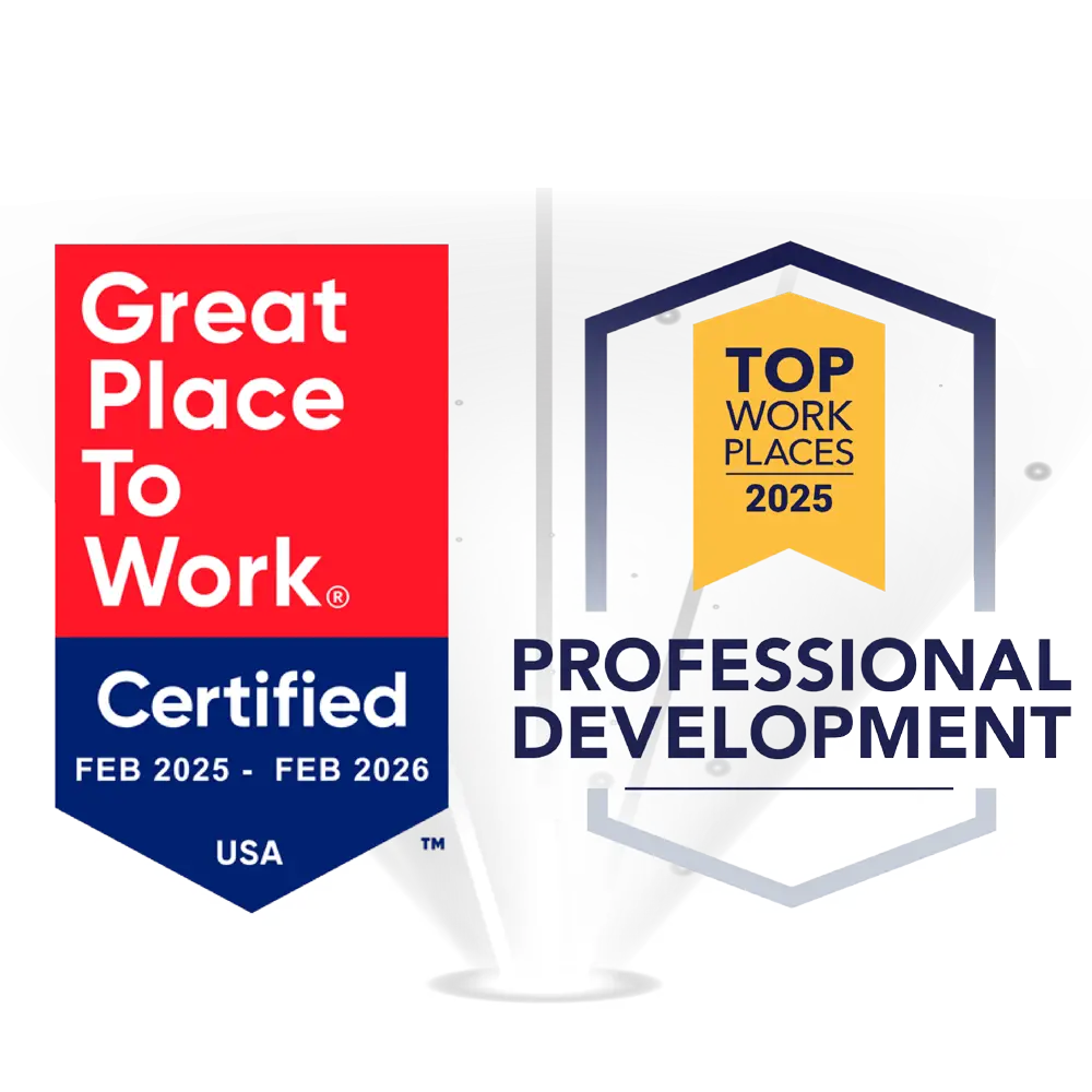Award badges for a Great Place to Work certified and Top Work Places for Professional Development (2025)