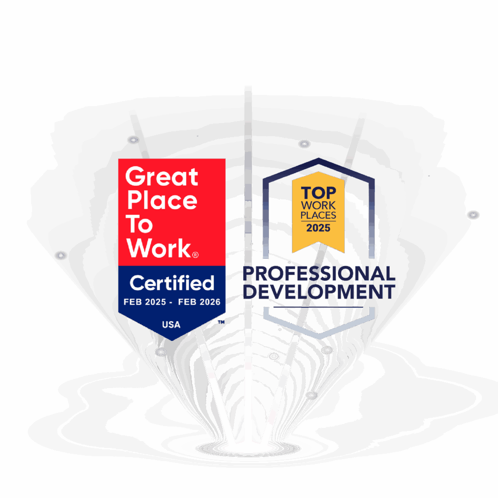 Award badges for a Great Place to Work certified and Top Work Places for Professional Development (2025)