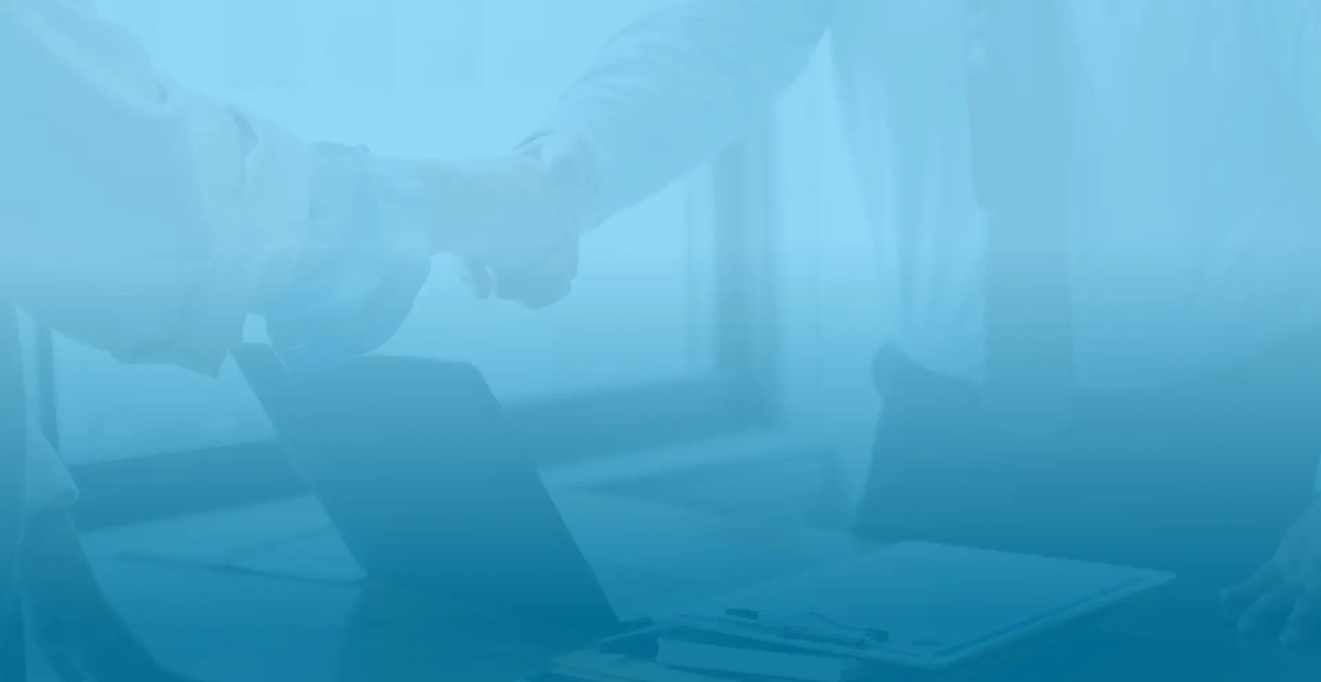 faint image of two people shaking hands over a desk over a blue gradient background