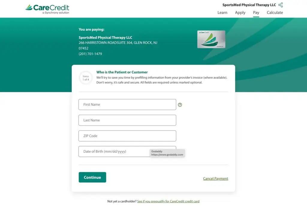 CareCredit portal example screenshot