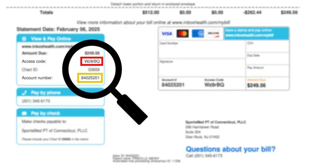 Example of a billing invoice where you can find your account number and access code.