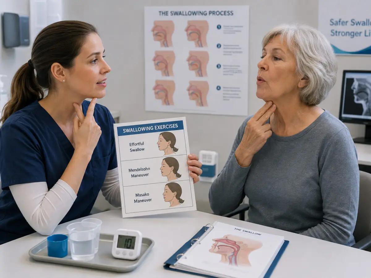 Therapist working with a patient helping them vocalize with throat exersizes.