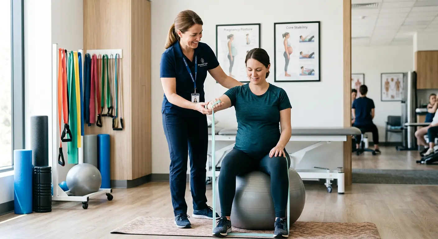 Physical therapist guiding a pregnant patient through a core exercise at SportsMed Bridgeport, CT